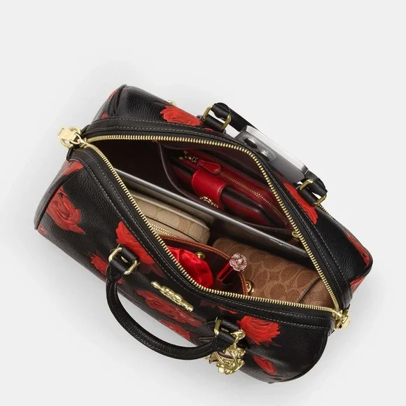 Coach Rowan Large Satchel Bag With Floral Print CCE27 in Black/Red - Picture 2 of 15